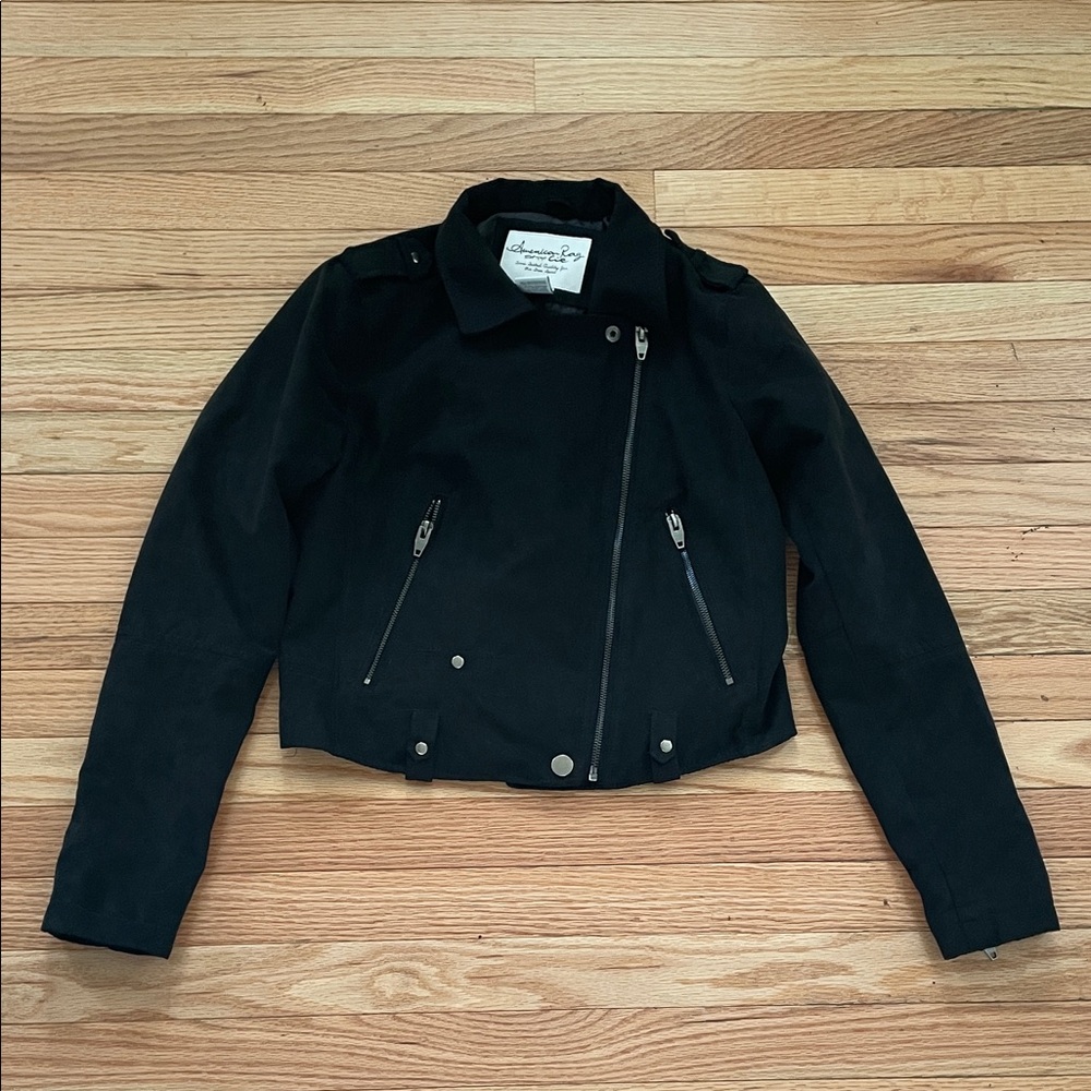 Black Moto Jacket Cropped Small Lightweight Biker Jacket Minimalist Casual